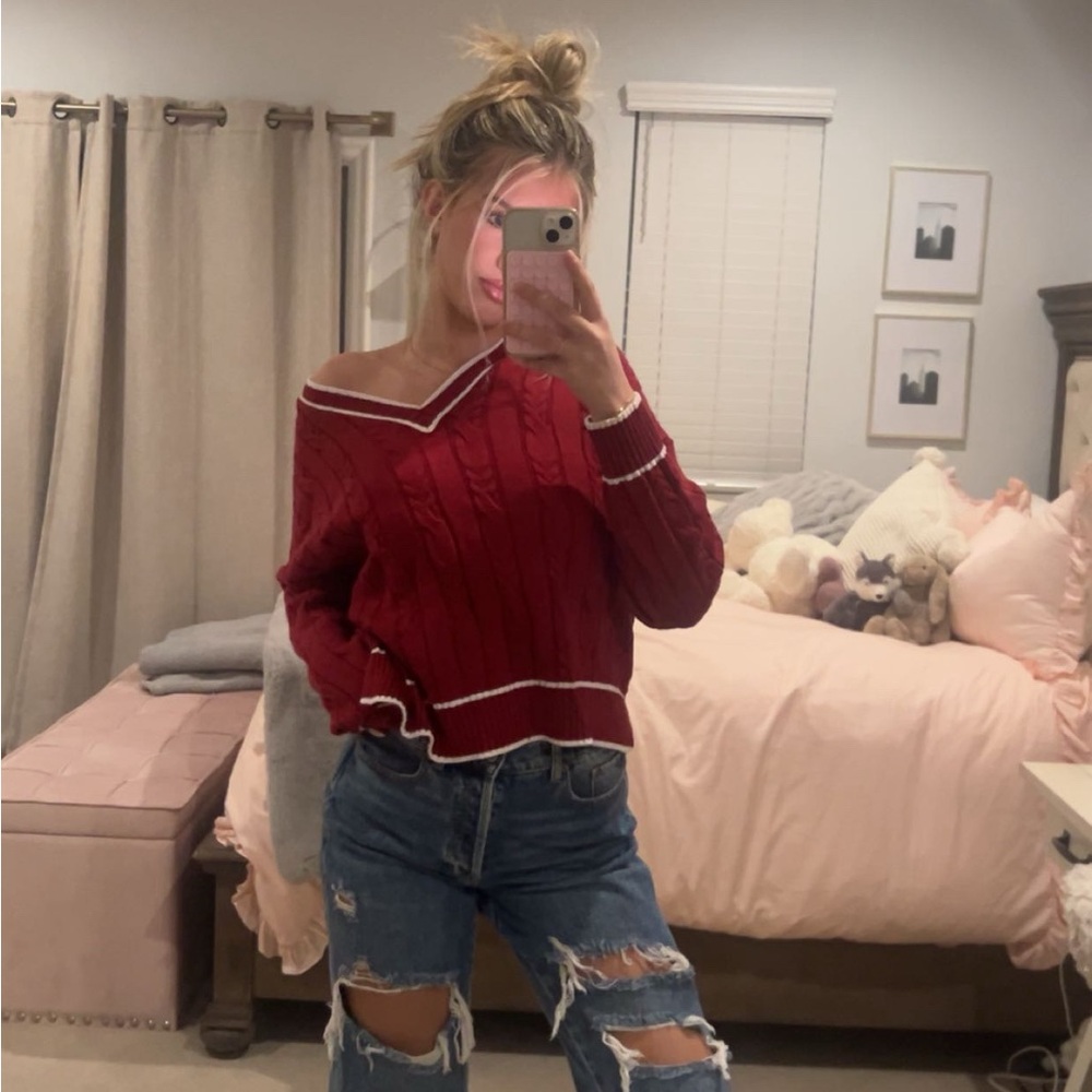 Women's Red Off-Shoulder Sweater
